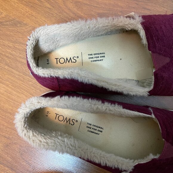 TOMS Womens Alpargata Burgundy Red Faux Fur Lined Corduroy Flat Loafer Slip On 9 - Picture 3 of 9